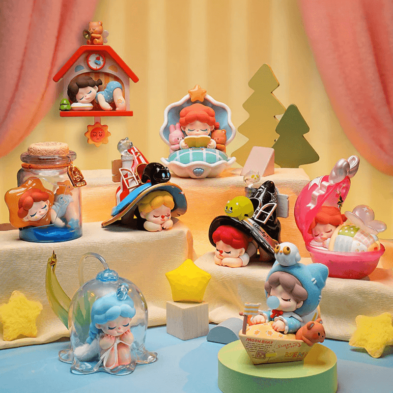 Full collection of Wendy Follow the Moon figures arranged on pastel stage

