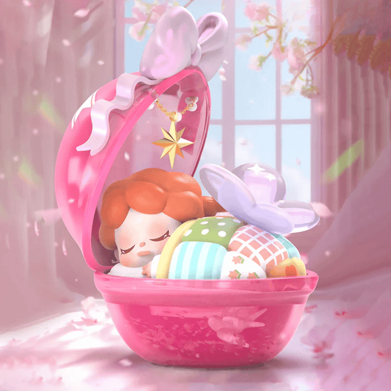 Wendy curled in pink clam shell under blossom petals – collectable figure
