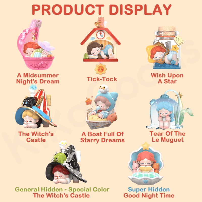 Illustrated line-up of all Follow the Moon Blind Box designs & rarity chart
