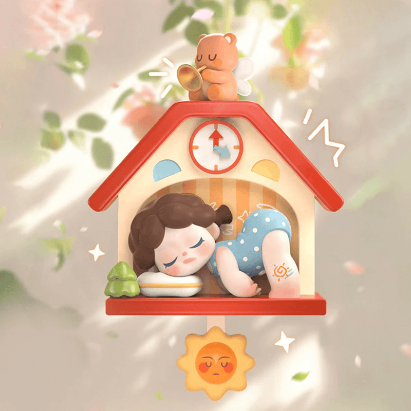 Wendy dozing in cuckoo-clock house while bear trumpets sunrise – Blind Box figure
