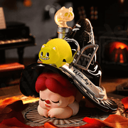 Wendy hiding beneath glossy black witch hat with neon cat – Blind Box figure
