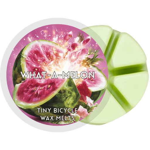 What-A-Melon wax melt pot, six pale-green segments with watermelon label artwork