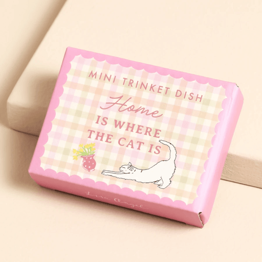 Gift box for mini trinket dish with Home Is Where The Cat Is design and illustration of a stretching white cat.