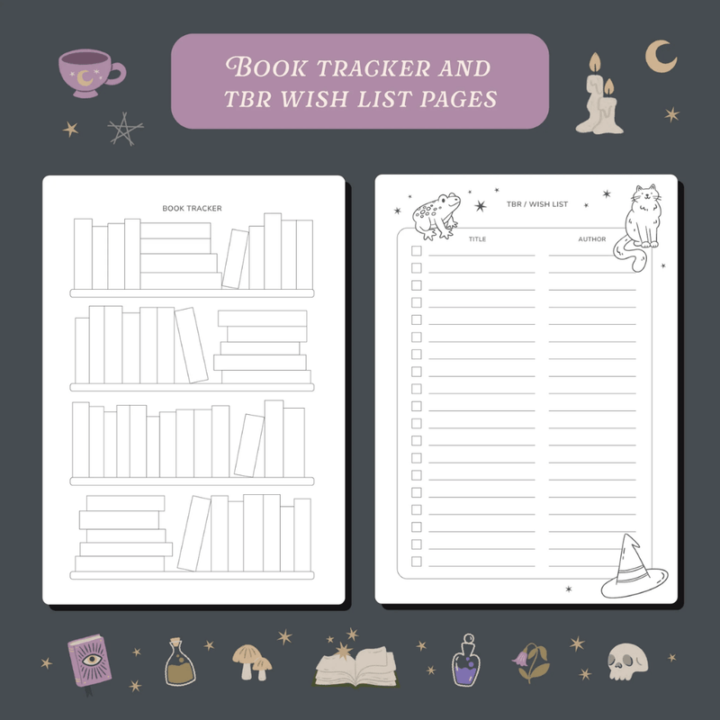 Book tracker and TBR wish list pages inside the Whimsy Witch Reading Journal