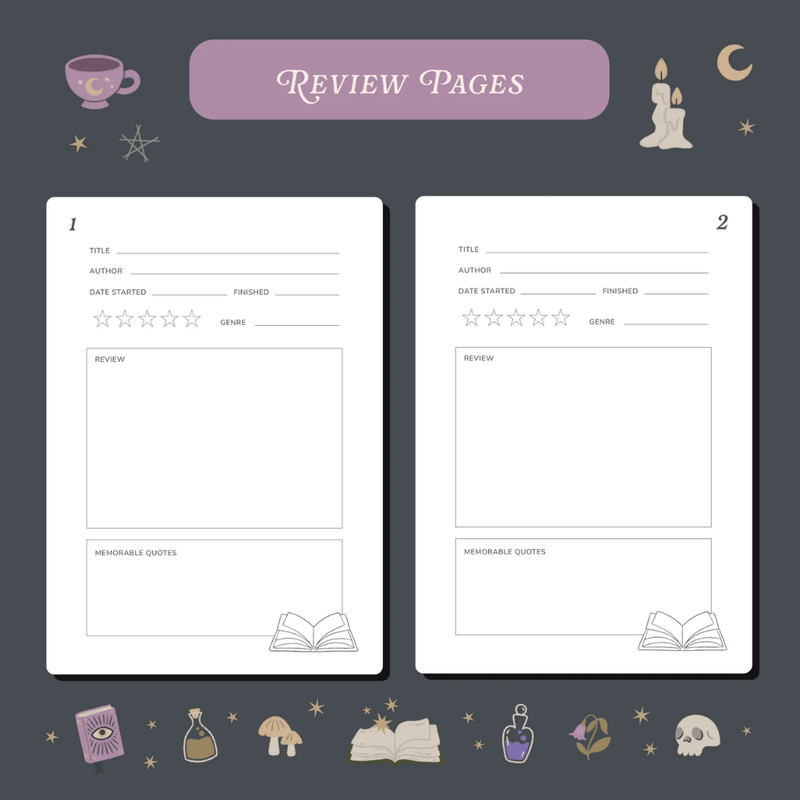Guided book review pages inside the Whimsy Witch Reading Journal