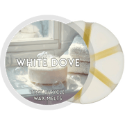 White Dove segmented wax melt pot with creamy white wax segments and clean bathroom-style label design