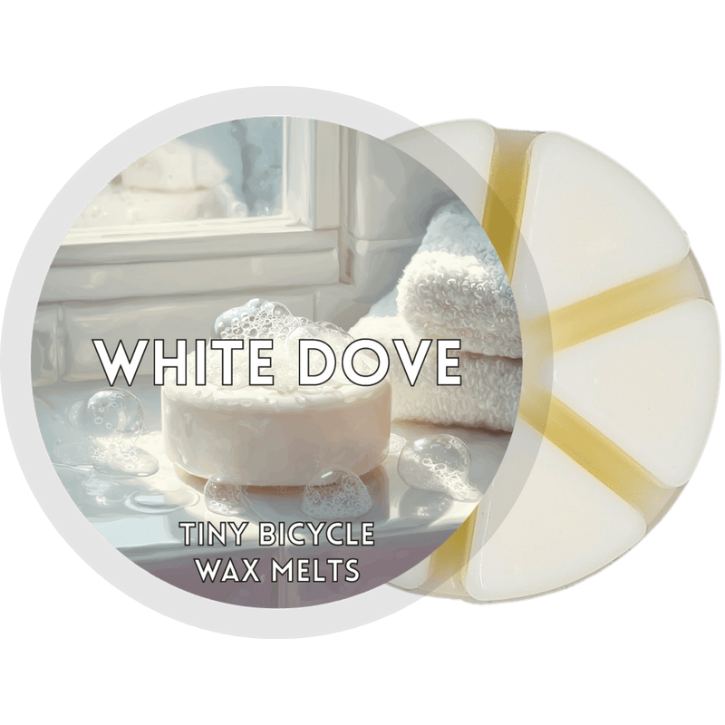 White Dove segmented wax melt pot with creamy white wax segments and clean bathroom-style label design