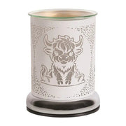 White Highland Cow wax melt burner with chrome base, unlit