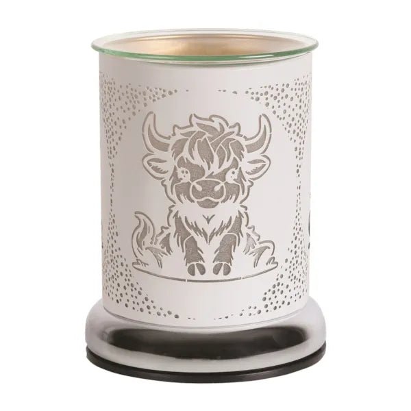 White Highland Cow wax melt burner with chrome base, unlit
