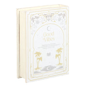 White MDF book shaped box styled like a Good Vibes hardback book
