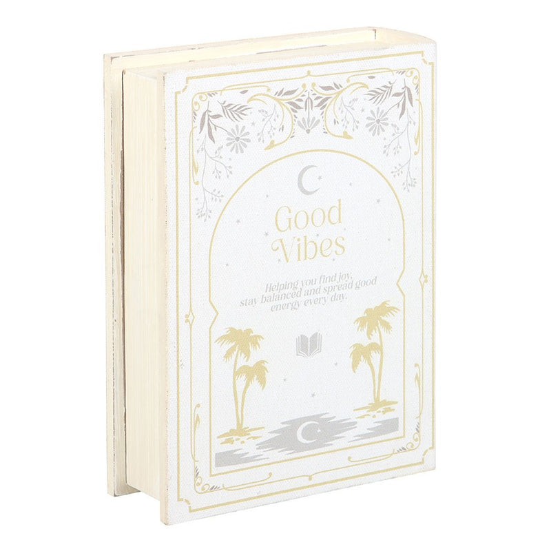 White MDF book shaped box styled like a Good Vibes hardback book