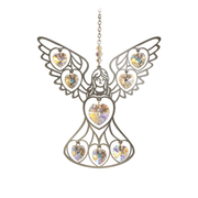 Front-view product shot of a large polished metal angel suncatcher with aurora-borealis heart crystals on a white background


