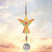 Angel Confetti crystal suncatcher sparkling against a sunrise sky, ready to cast rainbows

