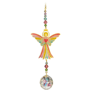 Stained-glass-style angel with rainbow wings and heart, hanging above a 20 mm crystal ball

