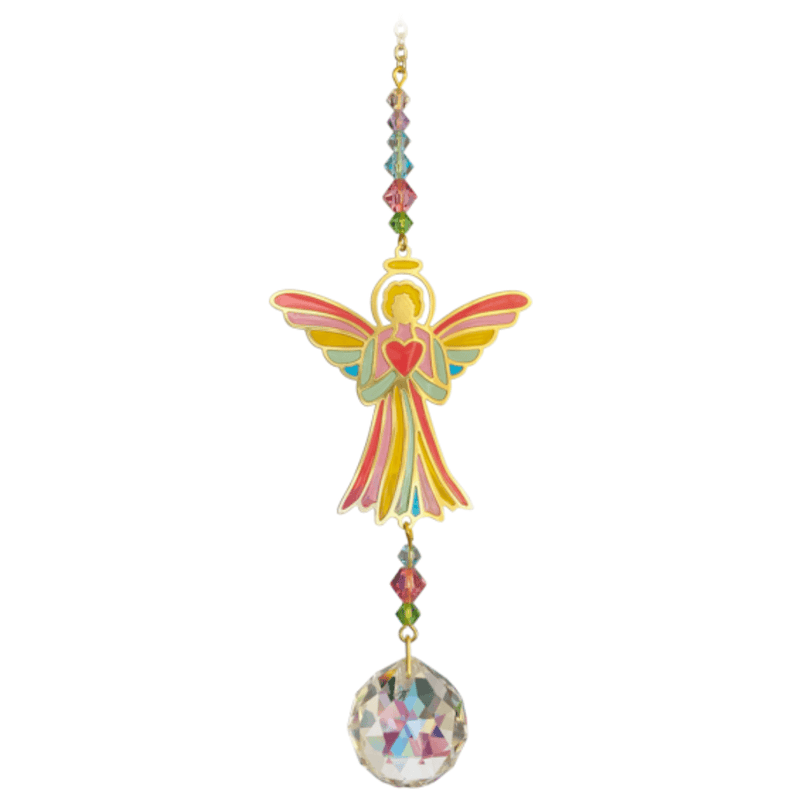 Stained-glass-style angel with rainbow wings and heart, hanging above a 20 mm crystal ball

