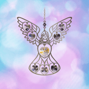 Angel suncatcher with shimmering purple hearts glowing against a pastel sky backdrop

