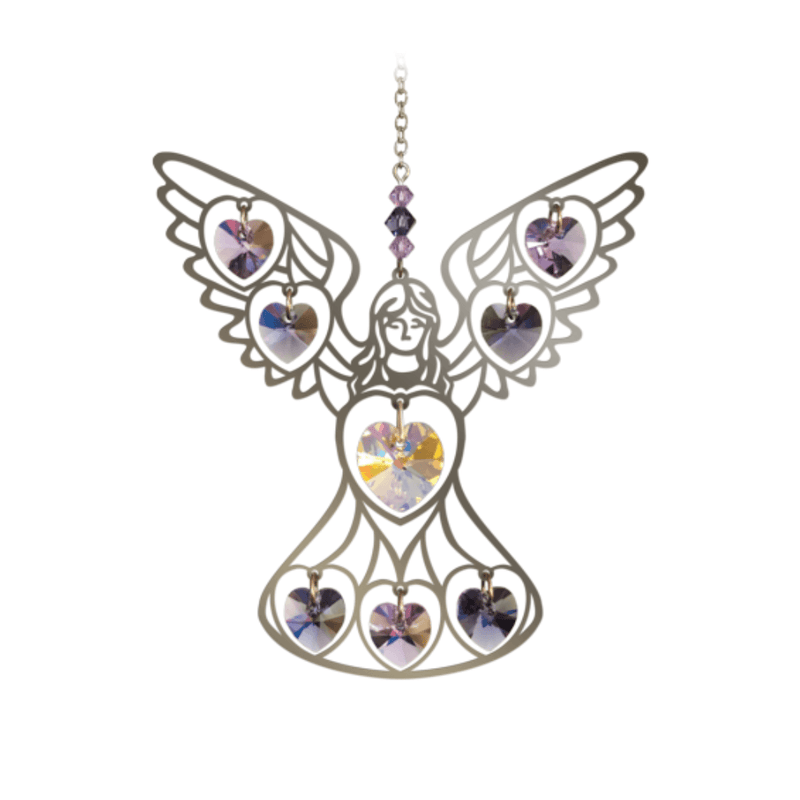Large polished-metal angel suncatcher with lilac heart crystals on a white background

