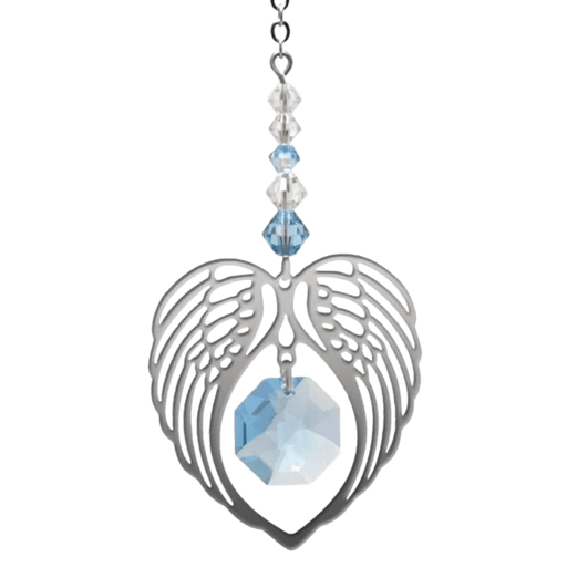 Wild Things aquamarine angel wing heart birthstone crystal suncatcher on white background