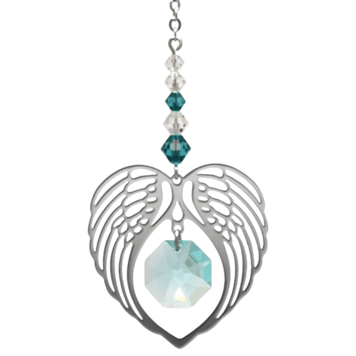 Wild Things blue zircon angel wing heart crystal suncatcher with octagon drop on white background