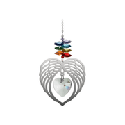 Large polished-metal Angel Wing Heart suncatcher with rainbow crystal cascade on white background

