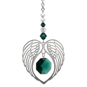 Wild Things emerald angel wing heart suncatcher with octagon crystal on white background
