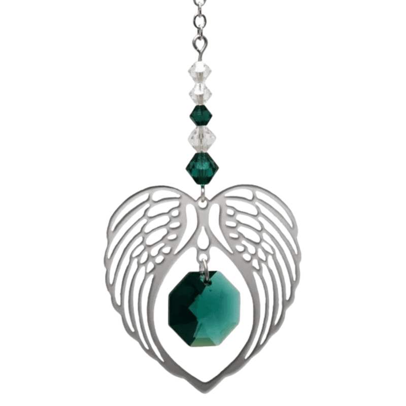Wild Things emerald angel wing heart suncatcher with octagon crystal on white background