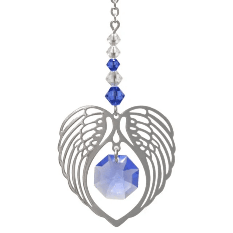 Wild Things sapphire angel wing heart suncatcher with octagon crystal on white background