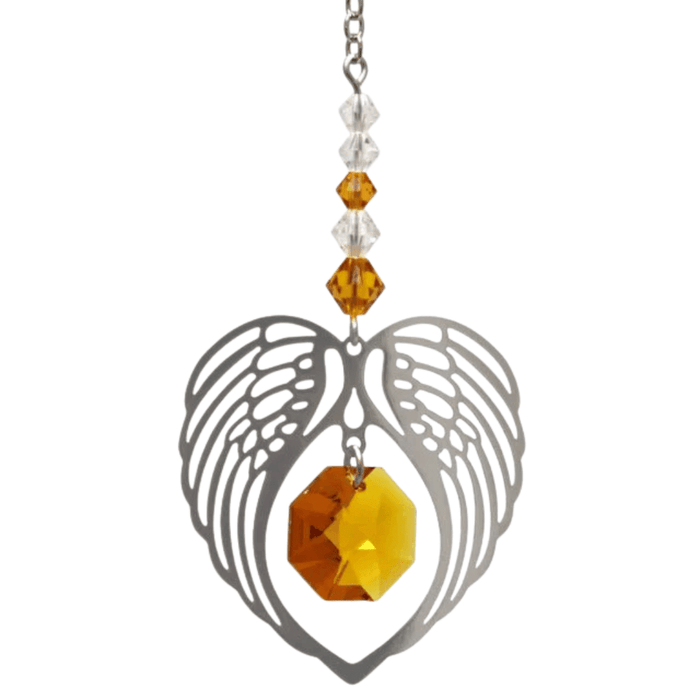 Topaz angel wing heart suncatcher with Austrian crystal octagon on white background