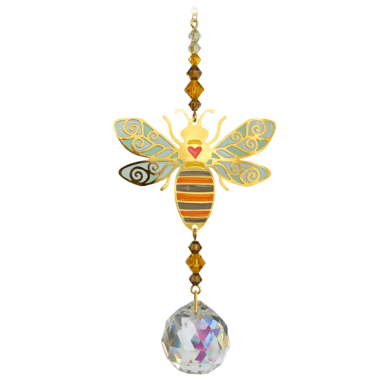 Stained-glass-style bee suncatcher in autumn-gold tones with bead run and 20 mm crystal ball

