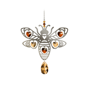 Front-view product shot of a large polished-metal Bee suncatcher with honey-gold heart crystals on white background

