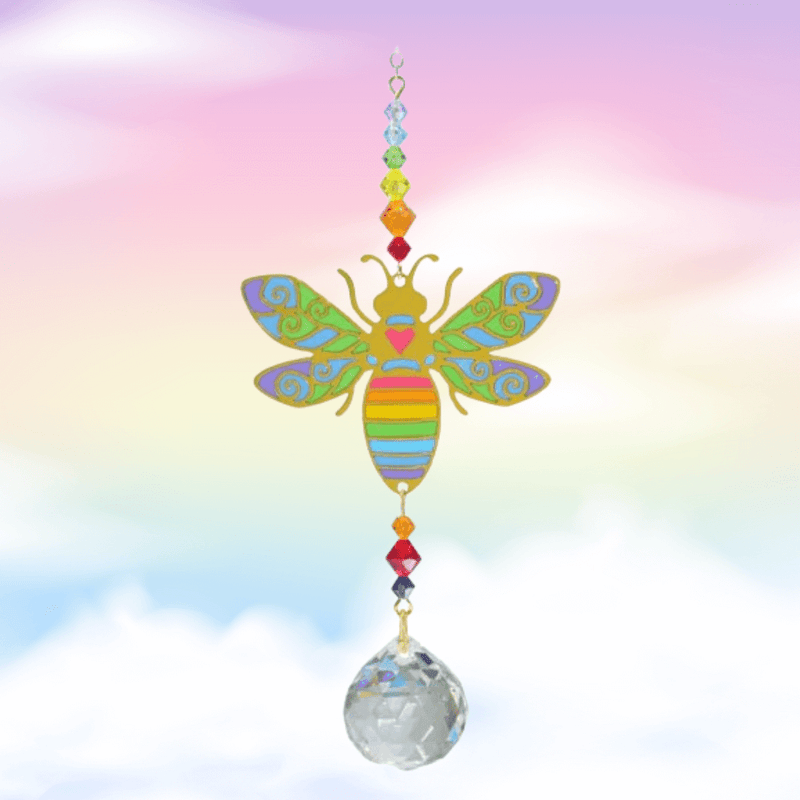 Bee Rainbow suncatcher sparkling against a pastel sky, ready to cast prismatic rainbows

