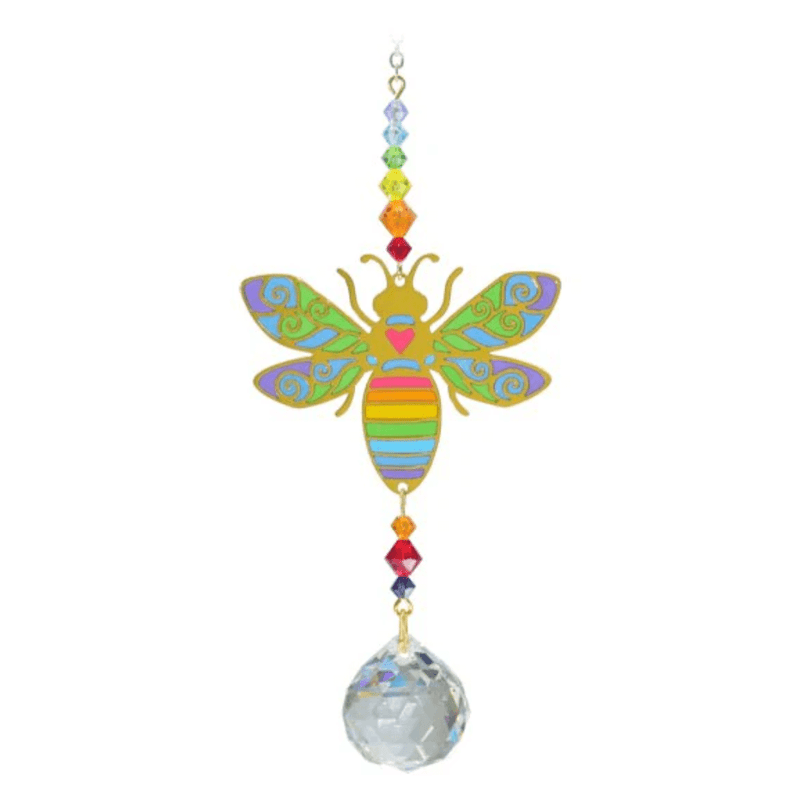 Rainbow-coloured stained-glass bee suncatcher with bead run and 20 mm crystal ball

