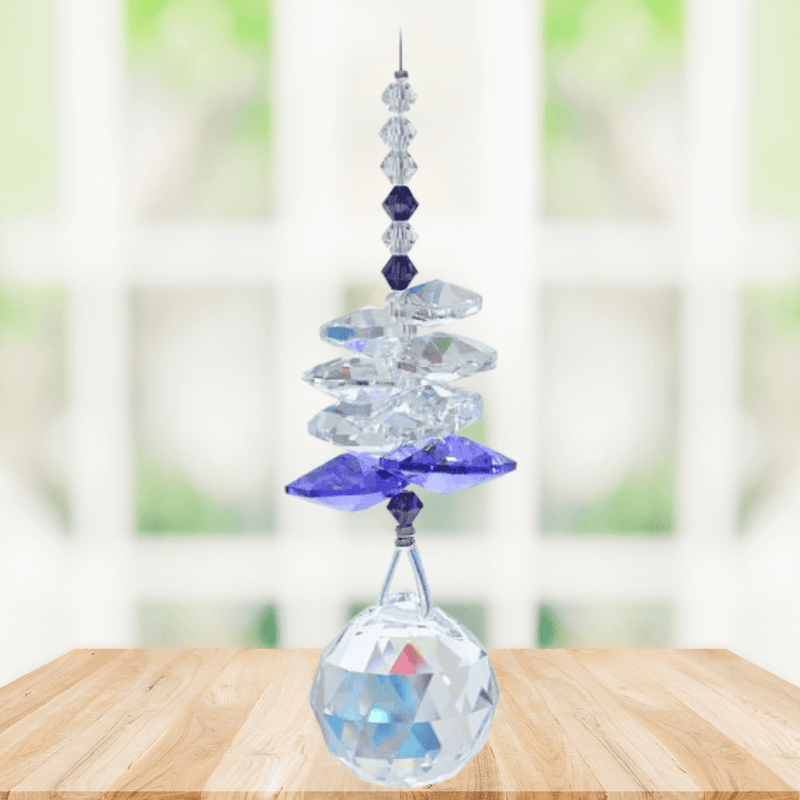 Wild Things Amethyst Birthstone (February) crystal suncatcher in window with clear crystals and 20mm ball pendant