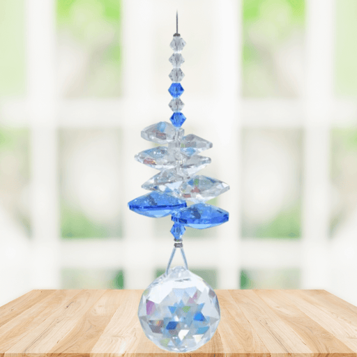 Wild Things Sapphire Birthstone (September) crystal suncatcher in window with clear crystals and 20mm ball pendant