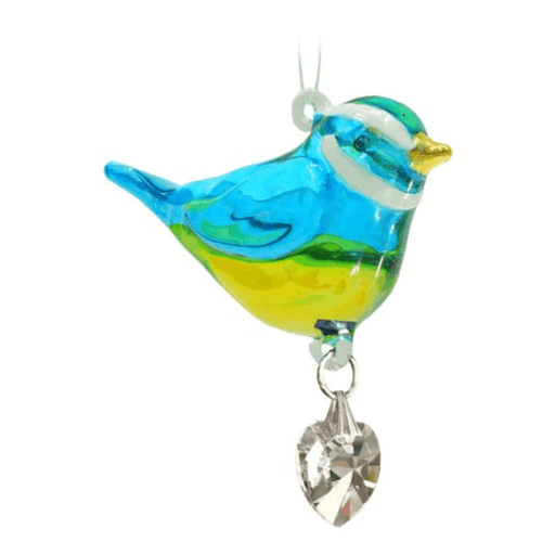 Close-up of glass Blue Tit suncatcher with heart-shaped crystal drop on white background

