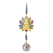 Studio view of Buddha Moonlight Suncatcher – stained-glass-effect lotus petals, seated Buddha silhouette and faceted blue beads above a sparkling crystal prism.
