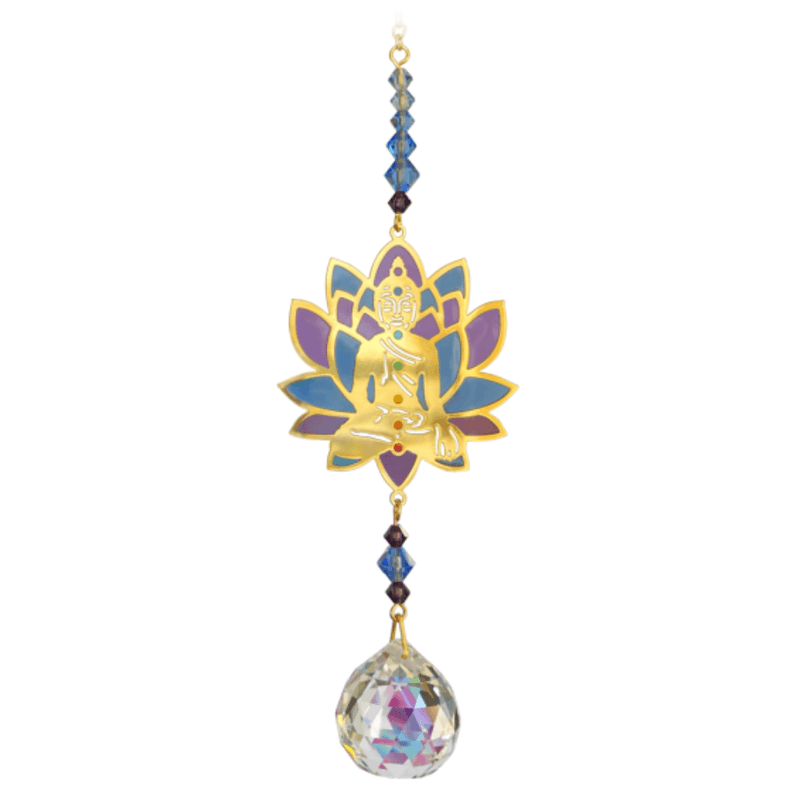 Studio view of Buddha Moonlight Suncatcher – stained-glass-effect lotus petals, seated Buddha silhouette and faceted blue beads above a sparkling crystal prism.
