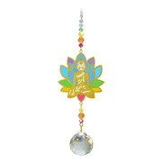 Buddha Rainbow Crystal Suncatcher on white backdrop – gold Buddha in rainbow lotus flower, rainbow bead chain and 20 mm crystal ball prism.
