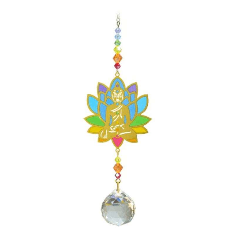 Buddha Rainbow Crystal Suncatcher on white backdrop – gold Buddha in rainbow lotus flower, rainbow bead chain and 20 mm crystal ball prism.
