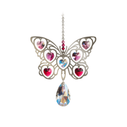 Front-view product shot of large polished-metal Butterfly suncatcher with fuchsia heart crystals on white background

