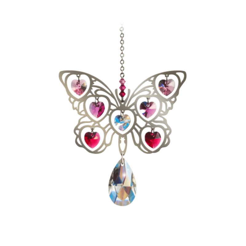 Front-view product shot of large polished-metal Butterfly suncatcher with fuchsia heart crystals on white background

