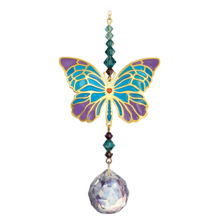 Butterfly Iris Crystal Suncatcher on white backdrop – teal-and-violet enamel butterfly, emerald bead run and 20 mm crystal prism ready to scatter rainbows.
