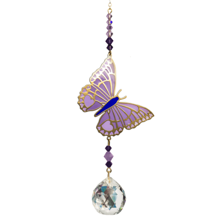 Butterfly Purple Emperor Crystal Suncatcher on white backdrop – lilac wings with gold veins, amethyst bead run and 20 mm crystal prism ready to cast rainbows.
