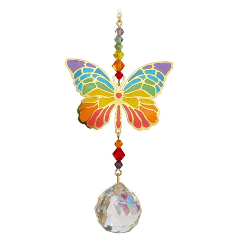 Butterfly Rainbow Crystal Suncatcher on white backdrop – rainbow-hued butterfly wings, multicoloured bead run and 20 mm crystal prism.
