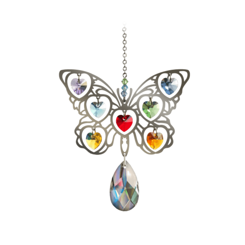 Large polished-metal Butterfly Rainbow suncatcher with multi-coloured heart crystals on a white background

