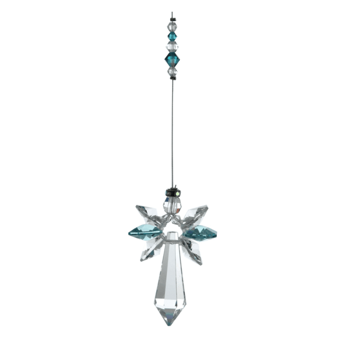 Wild Things blue zircon cascade guardian angel crystal hanging on white background