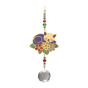Wild Things Cat on Leaf multicolour crystal suncatcher with sleeping cat, floral detail and clear crystal ball on plain background