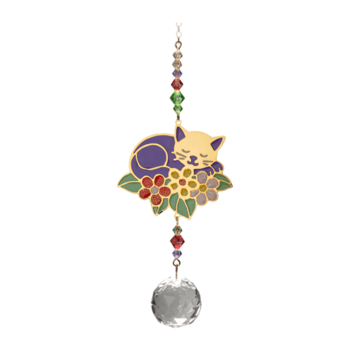 Wild Things Cat on Leaf multicolour crystal suncatcher with sleeping cat, floral detail and clear crystal ball on plain background