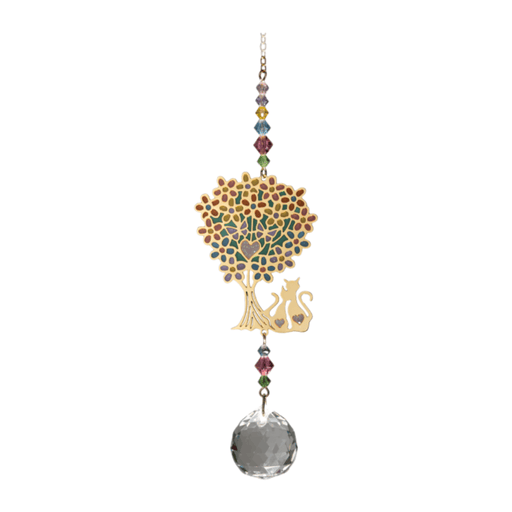 Wild Things Cat Under Tree multi-coloured crystal suncatcher with coloured beads and clear crystal ball on plain background