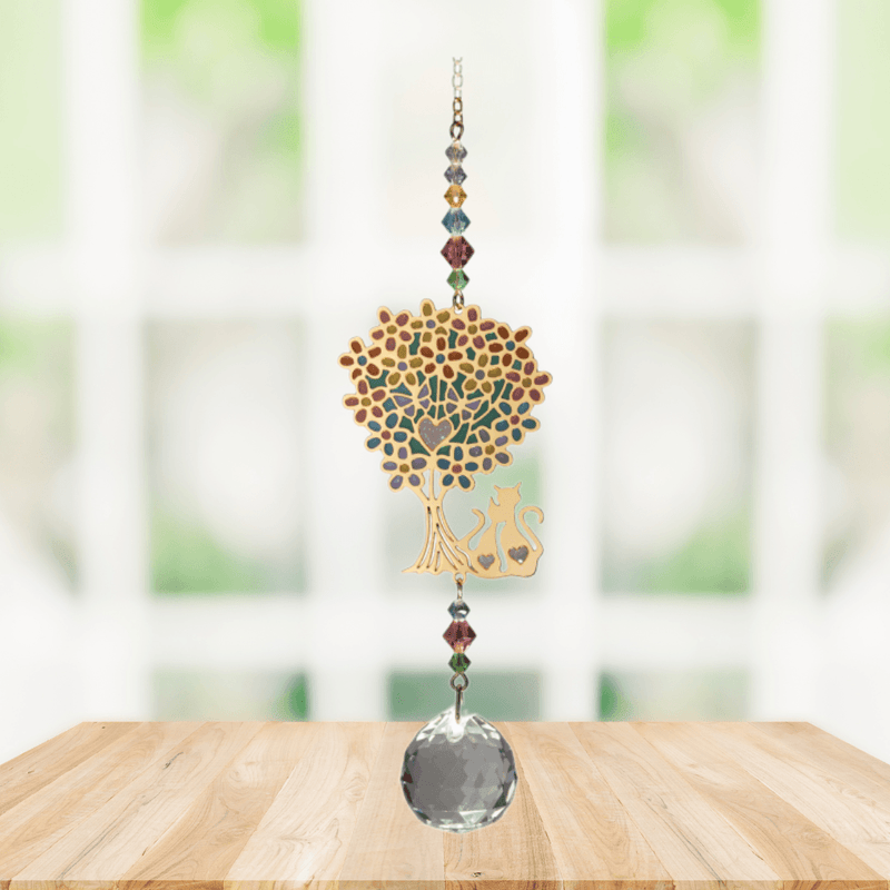 Wild Things Cat Under Tree multi-coloured crystal suncatcher hanging in a window with coloured beads and clear crystal prism
